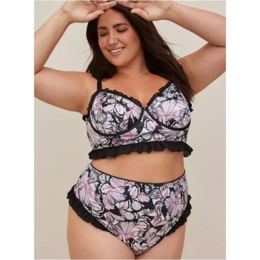 torrid | Satin Ruffle Underwire Bra and Satin Ruffle High-Rise Thong Panty Set - Picture 2 of 10